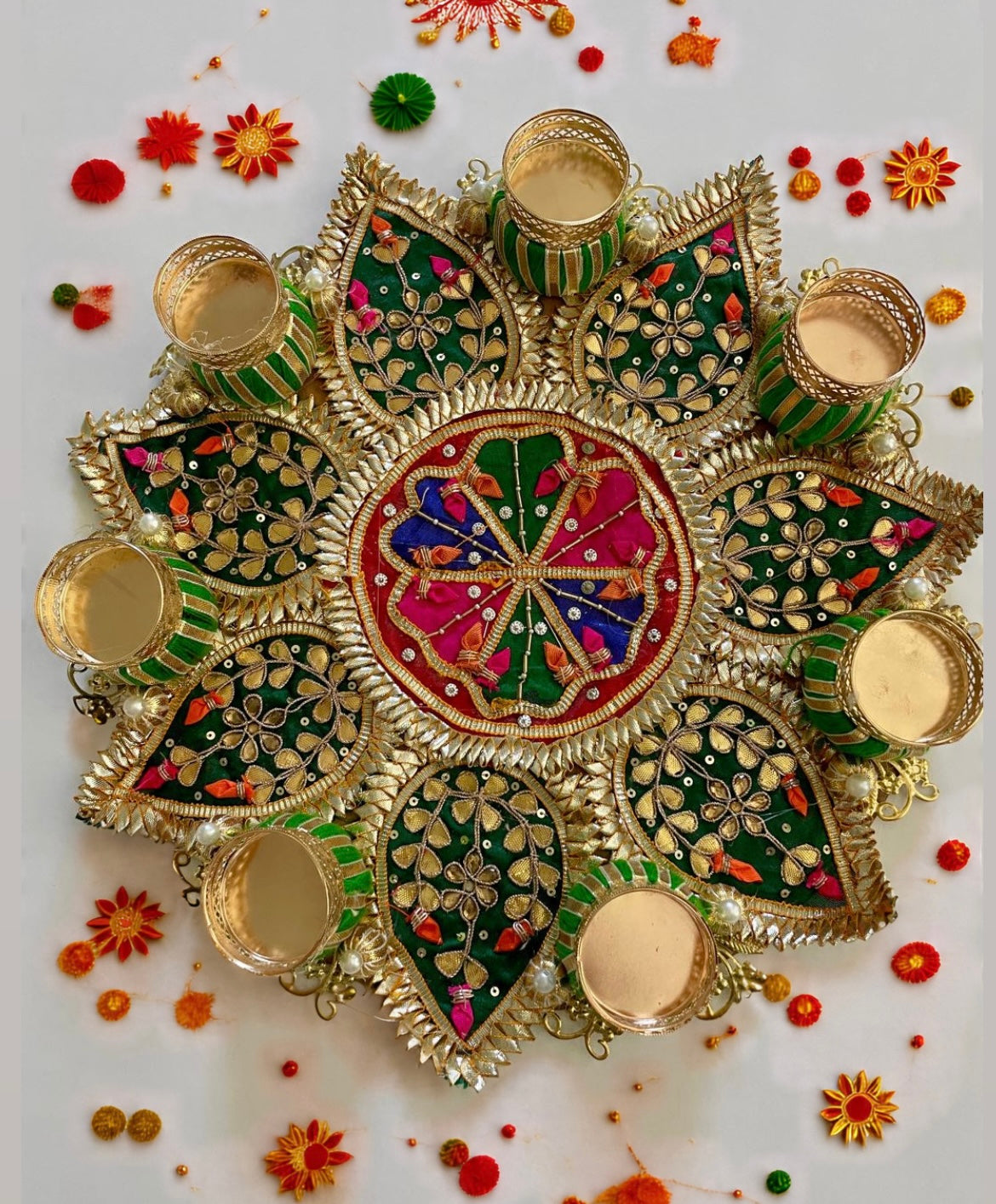 Floor Mat Rangoli with T-light candle holder - Green Color