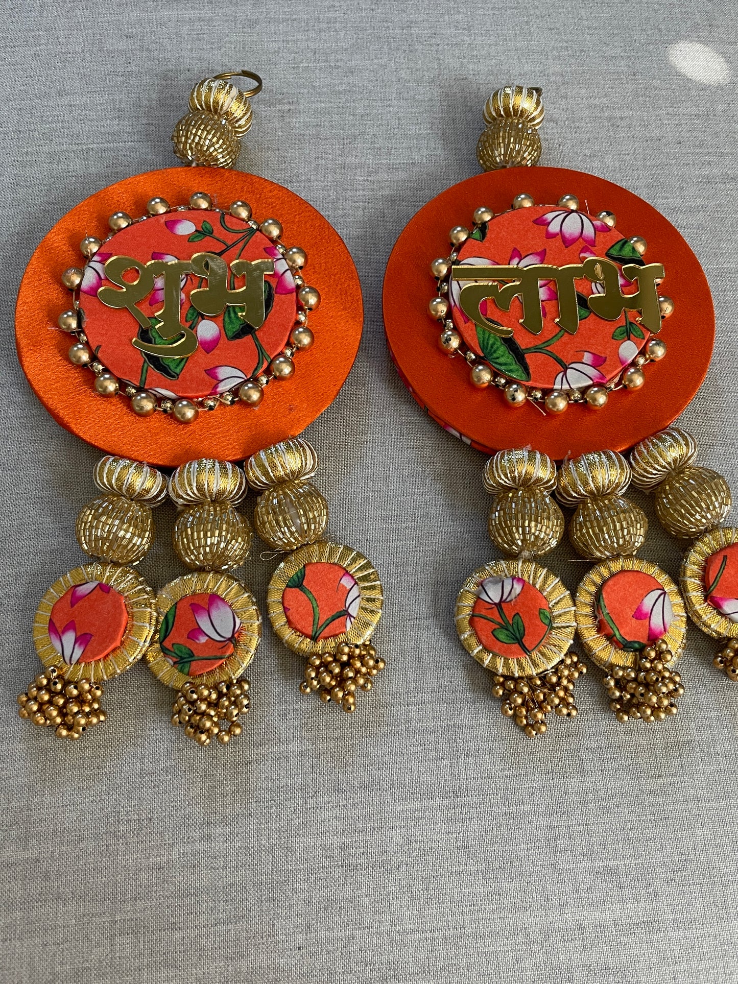 Dual side Wall Hanging with ganpati & Shubh Labh - Orange Color