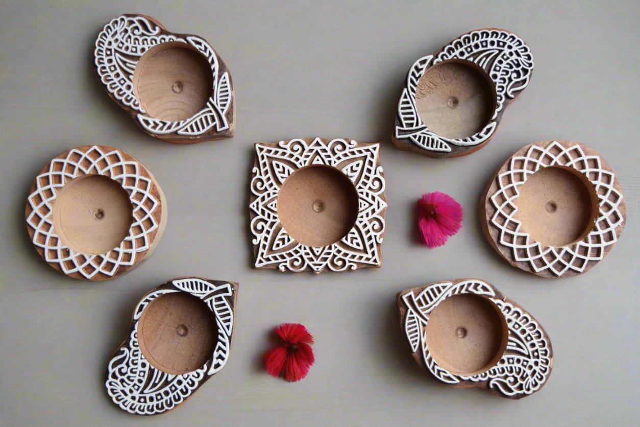 Candle holders, block print candle holders, perfect for small t-lights, LED lights, handmade candle holder