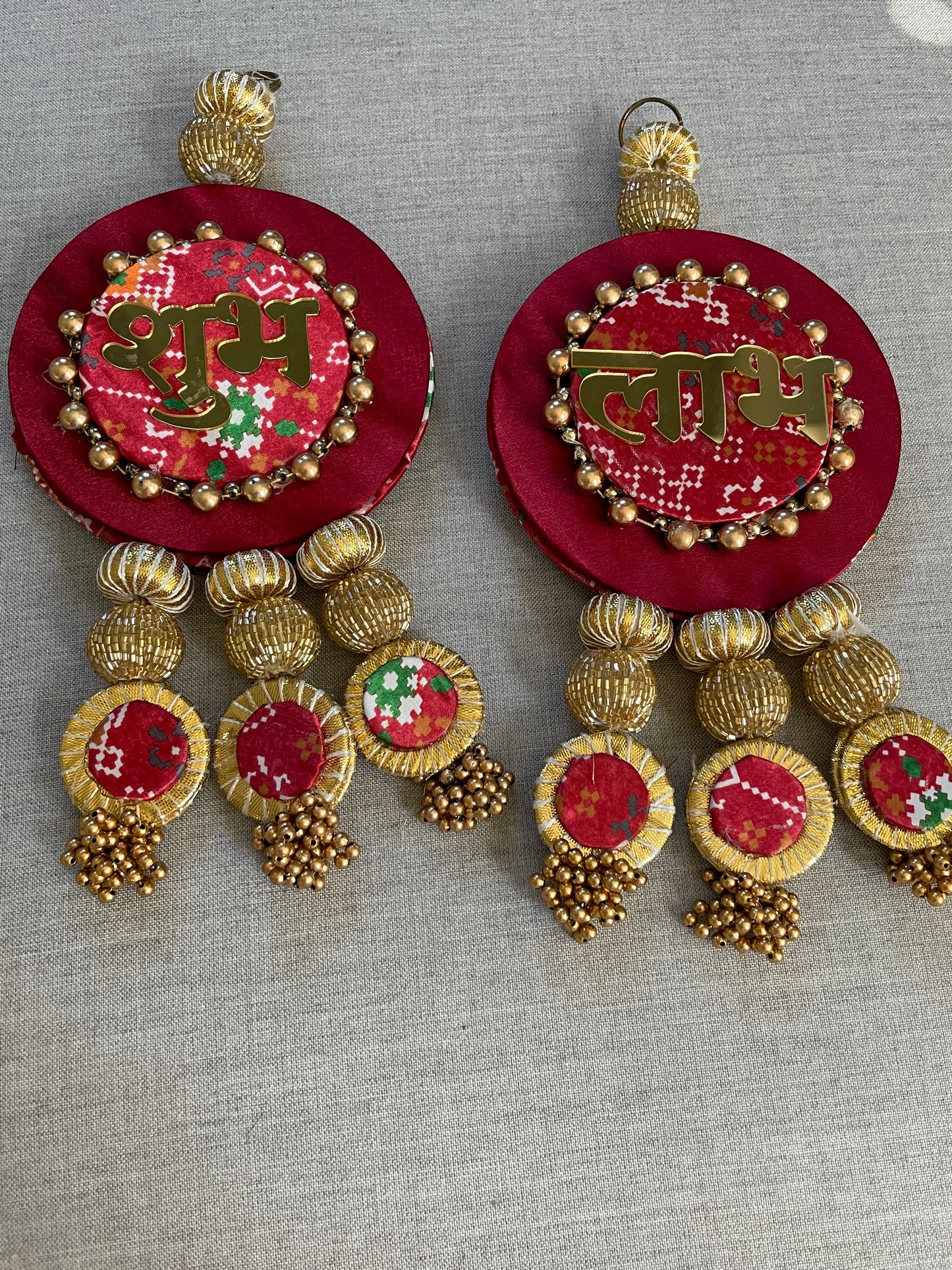 Dual side Wall Hanging with Swastik & Shubh Labh - Red Color