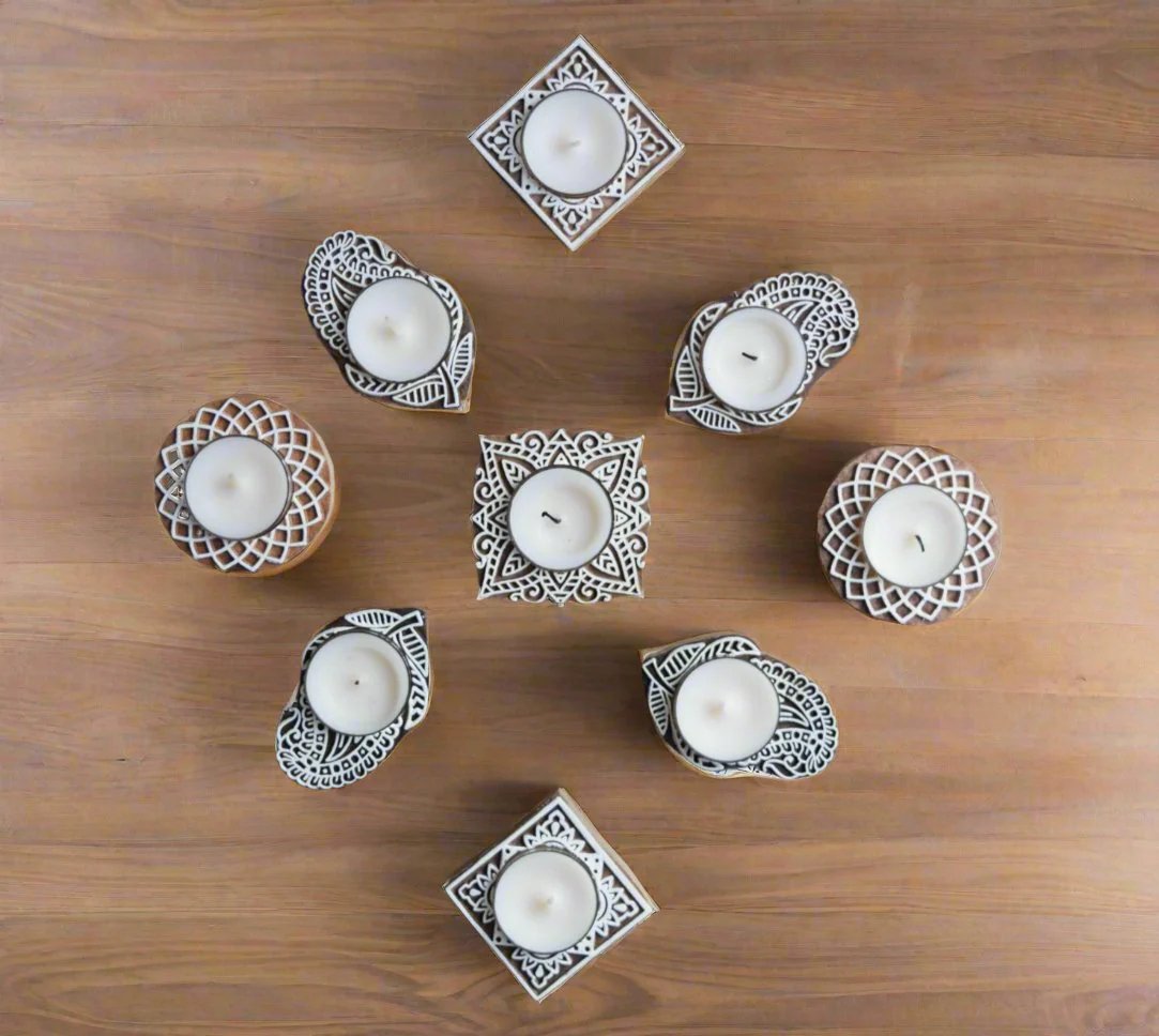 Great gifting ideas for festivals, special occasions, thoughtful gift ideas, wooden block print hand carved candle holders