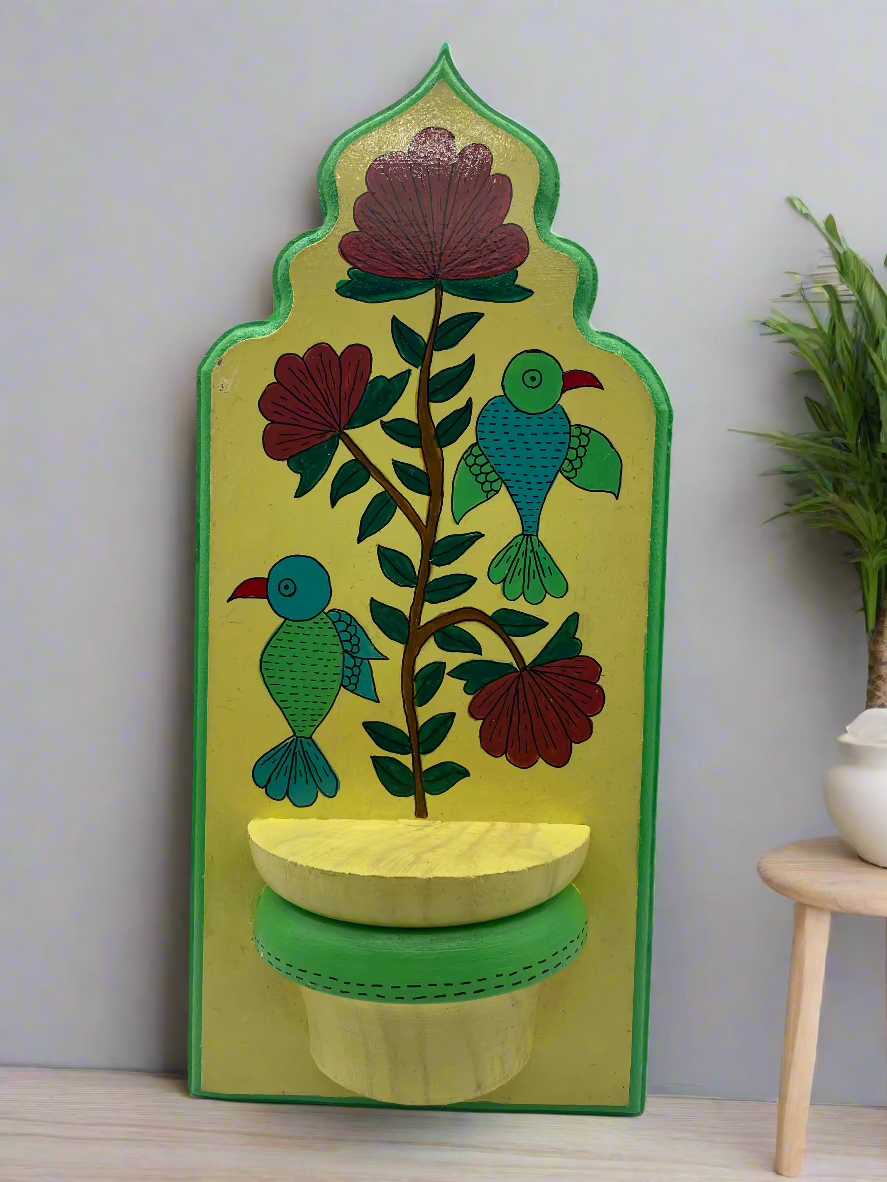 Wall hanging with flowers and birds motifs and place for small candle holder