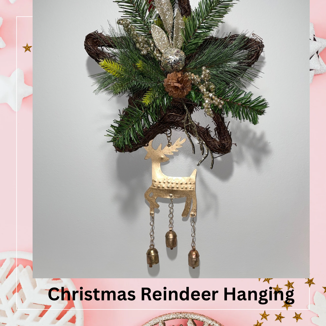 vintage bells in reindeer shape with three bells in copper hanging with wreath
