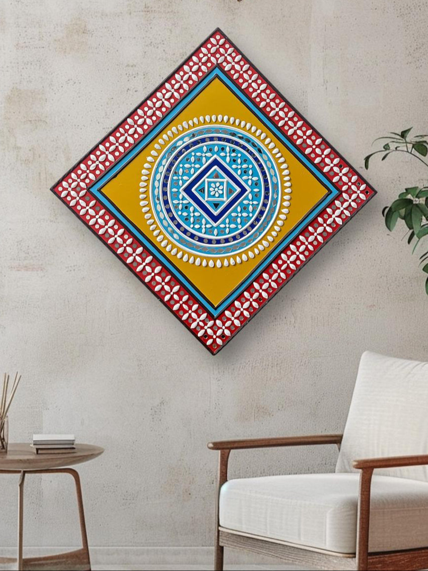 Red,yellow,blue wall hanging, clay mirror wall decor,