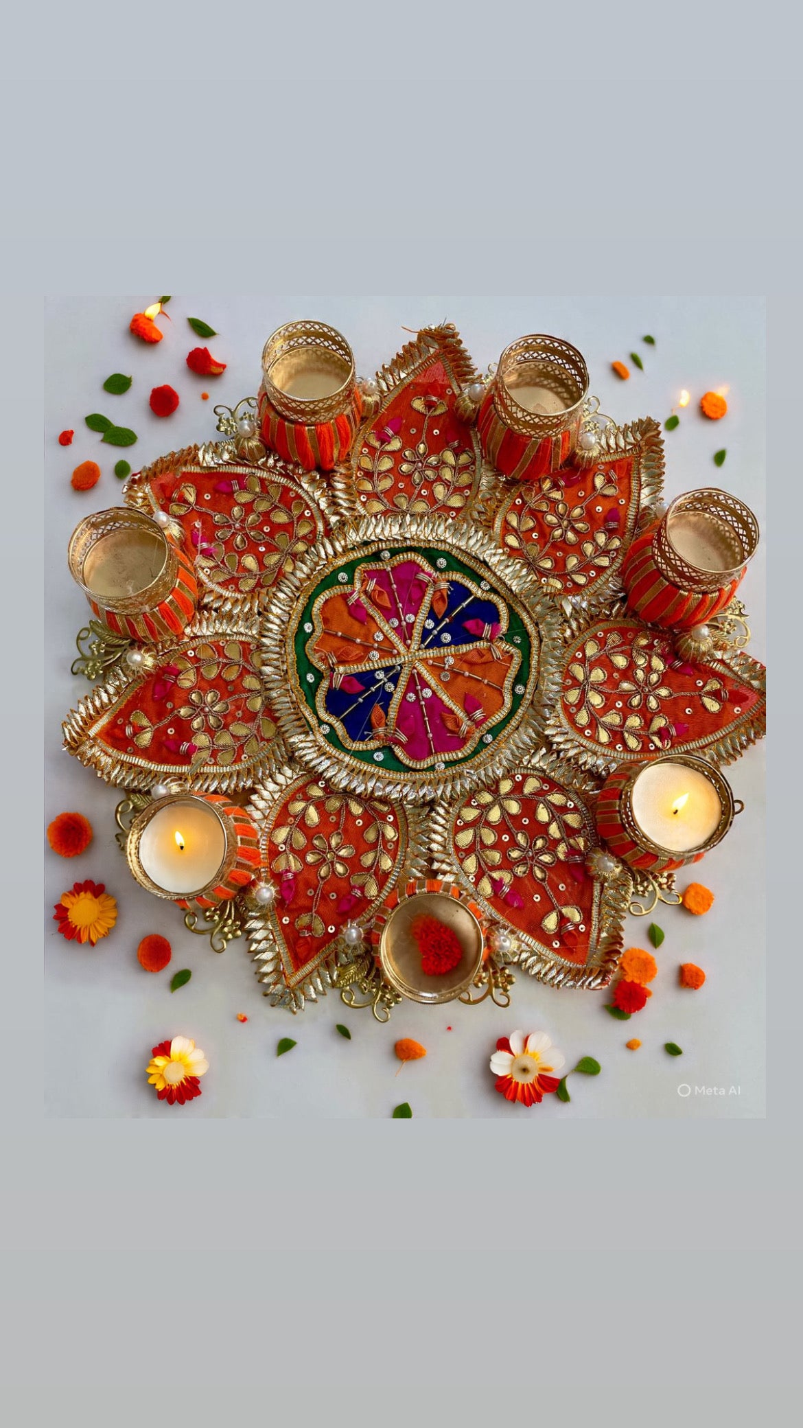 Floor Mat Rangoli with T-light candle holder - Orange Color