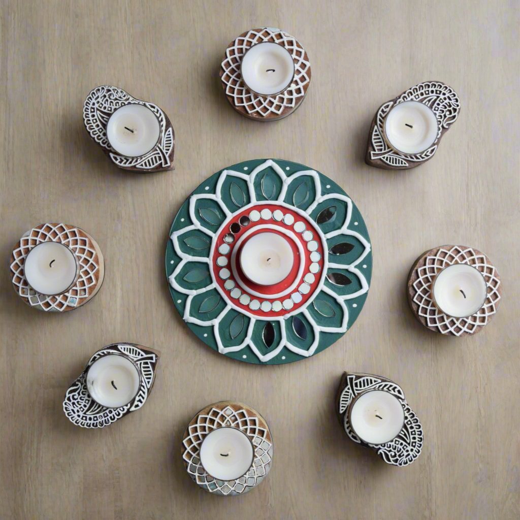 Wooden candle holders, Perfect for gifting favors, handcrafted block print wooden candle holder