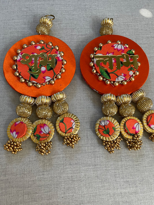 Dual side  Wall Hanging with ganpati & Shubh Labh - Orange Color