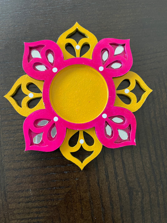 Rangoli Diya - Double flower (Pink,Yellow)